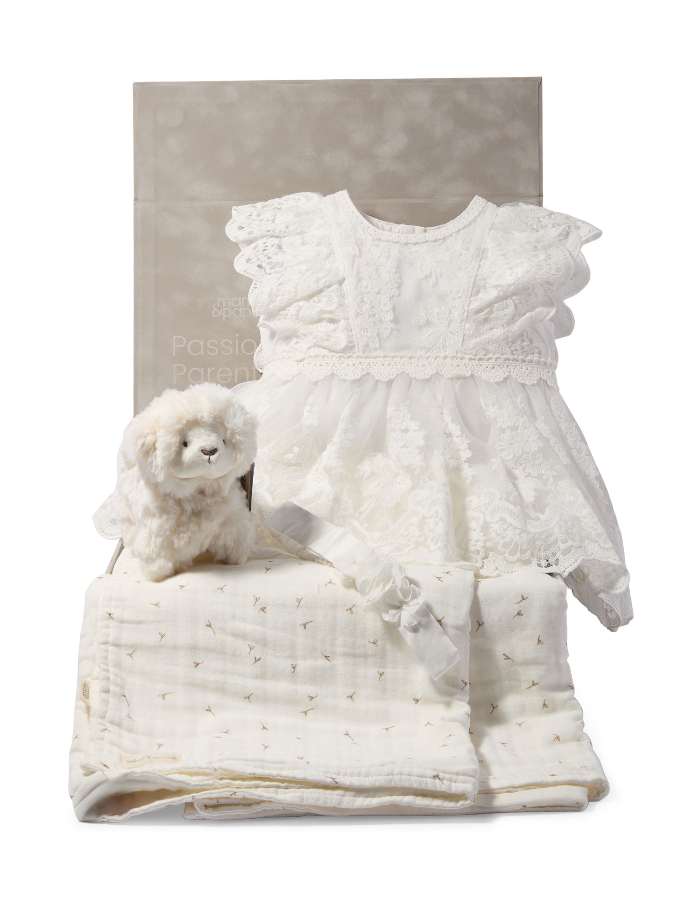 Lace Frill Romper Baby Gift Set with Muslin Blanket, Headband & Lamb Chime image number 1